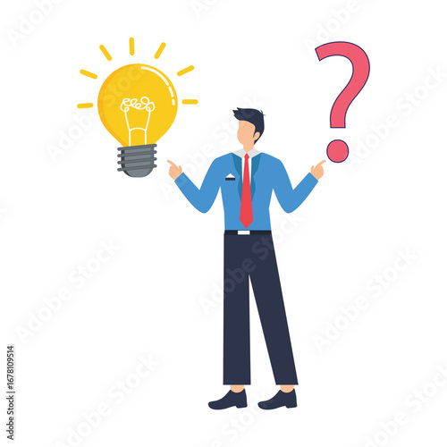 businessman hands hold question mark and lightbulb reply symbolizing solving problems  for answer in flat design stock illustration