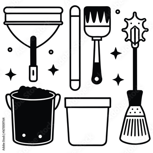 Minimalist collection of household cleaning icons in a bold line art style, featuring a squeegee, broom, brush, and bucket for domestic chores