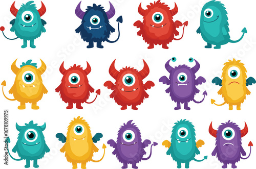 Cute cartoon monster characters, colorful fantasy creatures vector, funny cyclops design, happy alien mascots illustration, adorable one-eyed monsters, kids friendly artwork clipart