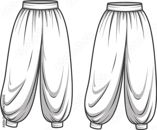 Traditional baggy harem pants, loose fit trousers design, ethnic clothing illustration, boho fashion apparel sketch, cultural wear vector, wide leg pants graphic
