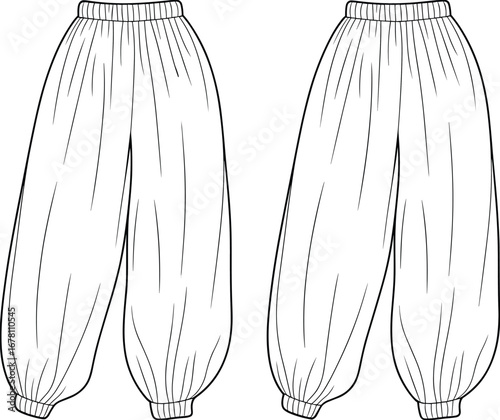 Loose baggy pants sketch, casual harem trousers illustration, hand-drawn clothing vector, wide leg fashion design, boho ethnic wear, unisex apparel drawing