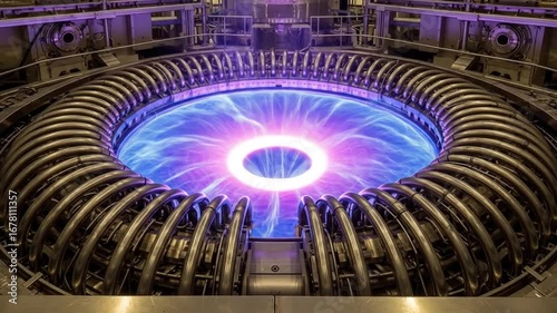 Futuristic energy generator with plasma glow in industrial setting