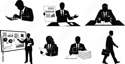 Business professionals analyzing data, financial reporting, auditing documents, presenting charts, working in office, reviewing balance sheet, corporate business illustration.