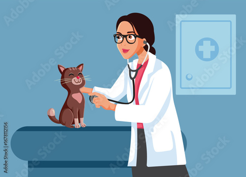 Cat at the Veterinarian Doctor vector Cartoon illustration. Professional vet checking the pets in her cabinet office  
