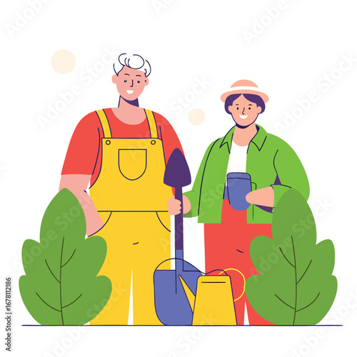 Happy elderly man and woman with a shovel and watering can engaged in their beloved garden hobby
