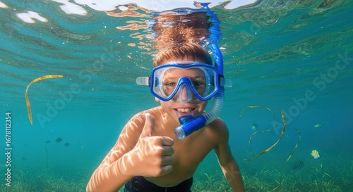 A boy snorkeling gives a thumbs up in clear water with fish and seagrass underwater adventure