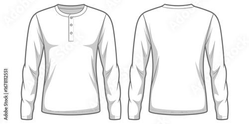 Front and back view of a white long sleeve henley shirt with button placket Keywords: henley shirt