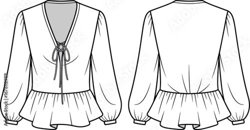 Front and back view of a white long-sleeved peasant blouse with lace-up neckline clothing apparel