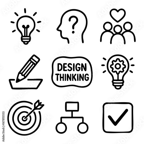 A set of doodle line icons showing design thinking process, creative ideas, innovation, problem solving, teamwork, and planning