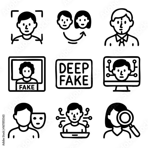A set of doodle line icons illustrating deepfake, face swapping, fake identities, AI-generated faces, and digital manipulation concepts