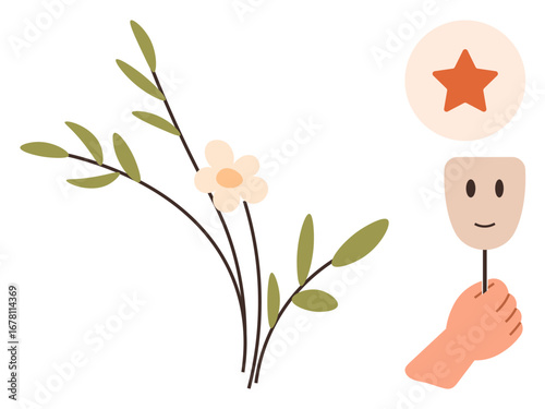 Hand holding happy mask, floral branch with delicate white flower, red star badge in circle evoke self-expression, mental health, success, nature, joy, creativity and personal growth. Ideal