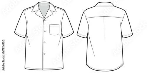 Front and back view of a white short-sleeved button-up shirt with a collar and pocket button up