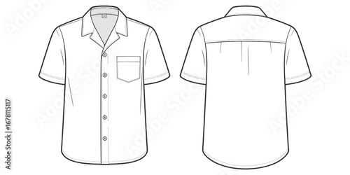 Front and back view of a white short sleeve camp collar shirt with pocket clothing apparel