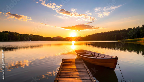 Fototapeta Naklejka Na Ścianę i Meble -  Tranquil sunset over calm lake with wooden boat at pier. Beautiful golden light and sunbeam reflect on water creating serene scene