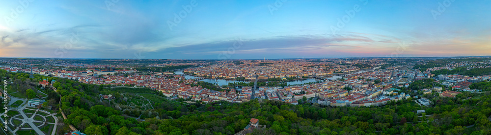 Obraz premium Sunset panorama view of Prague from Petrin hill, Czech republic