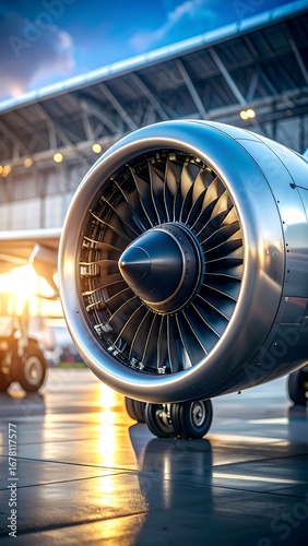 Close-up of a jet engine at sunset