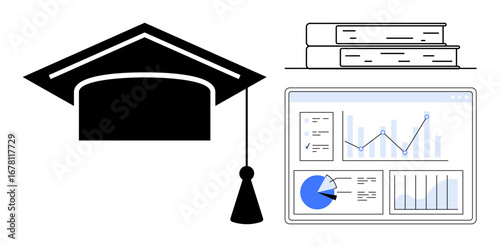 Graduation cap, stacked books, and data dashboard with graphs and charts. Ideal for education, online courses, academic research, data-driven learning, knowledge growth, student support simple