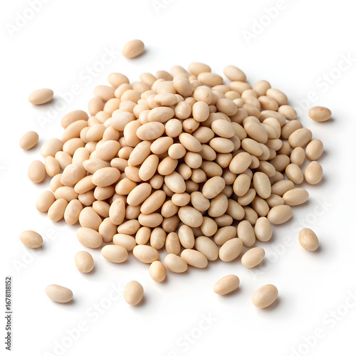 Close-up of dried navy beans isolated on a plain white background, showcasing their small,