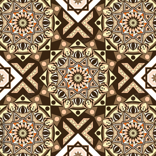 Vivid mandala design blending warm earth tones with detailed symmetrical shapes, ideal for artistic apparel and spiritual-inspired fashion statements