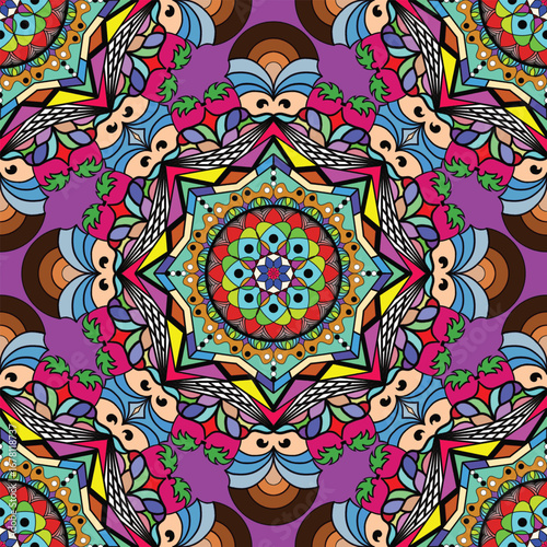 Intricate, colorful mandala with kaleidoscopic symmetry, perfect for boho and artistic fashion statements on clothing. Bright hues and detailed motifs enhance visual appeal