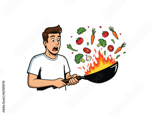 A surprised man cooks, his wok ablaze with food, as vegetables fly into the air
