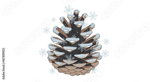 A beautifully illustrated pine cone, dusted with fresh white snow and surrounded by delicate falling flakes, perfectly captures the serene essence of winter.