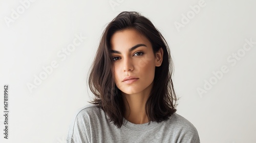 Portrait of a beautiful woman with a loose straight bob with a side hairstyle, looking directly at the lens with professional studio lighting, sharp focus, low contrast and soft shadows.
