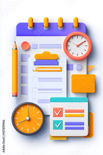 vector art of productivity tools including planner, checklist, and deadline calendar with bright modern colors on white background for time management and daily organization concept  