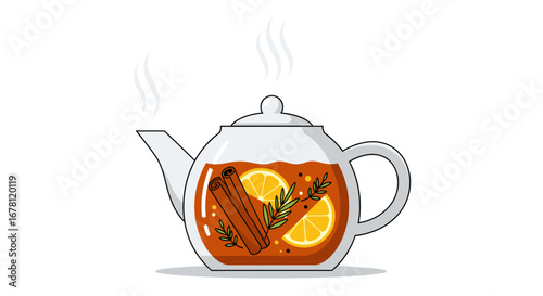 A transparent teapot contains a steaming, aromatic herbal tea, infused with fragrant cinnamon sticks, bright orange slices, and fresh green herbs.