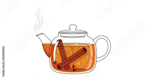 A steaming glass teapot filled with a comforting hot beverage, featuring aromatic orange slices and fragrant cinnamon sticks, perfect for a cozy moment.