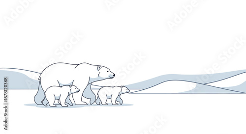 A charming line art illustration depicts a majestic mother polar bear gracefully leading her two adorable cubs across a pristine, snowy arctic landscape.