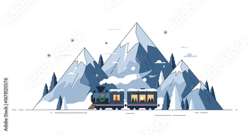 A charming illustration depicts a festive train with illuminated windows journeying through a serene, snow-covered mountain landscape adorned with evergreen trees under a clear sky.
