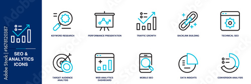 SEO and Analytics Blue Colored Outline Icon Set