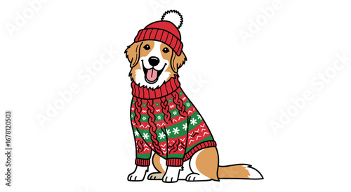 A happy golden retriever mix, wearing a festive red and green ugly Christmas sweater and a matching pom-pom beanie, sits, exuding holiday cheer.