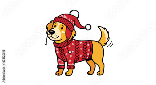 An adorable golden retriever illustration, cheerfully dressed in a cozy red knitted sweater and matching winter hat, stands against a clean white background.