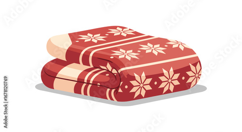 This cozy, neatly folded red blanket, adorned with a charming white snowflake and stripe pattern, offers warmth and festive comfort for winter home decor.