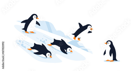 A delightful illustration captures a group of adorable penguins joyfully sliding and playing together on a pristine, snowy winter landscape.
