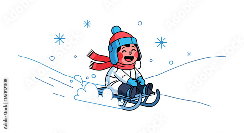 A joyful child bundled in warm winter clothing gleefully slides down a snowy hill on a sled, experiencing the thrill of a frosty outdoor adventure.
