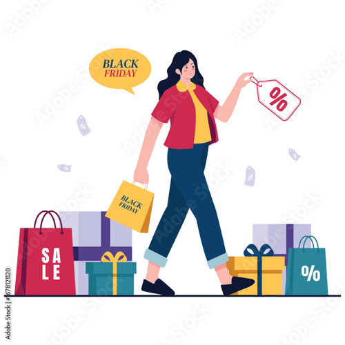 Black Friday Illustration. Vector illustration of Woman walking with percentage tag and shopping bag, gifts around, floating discount labels, upbeat holiday retail scene. Isolated on background