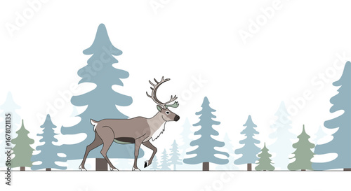 A charming cartoon reindeer with majestic antlers gracefully walks through a serene winter forest filled with stylized blue and green fir trees.