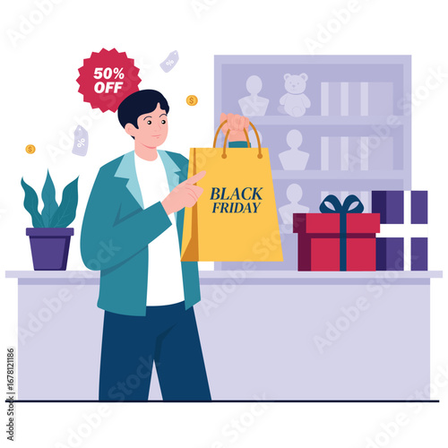 Black Friday Illustration. Vector illustration of Man showing a Black Friday shopping bag in store, fifty percent badge floating, shelves and gift boxes in background. Isolated on background