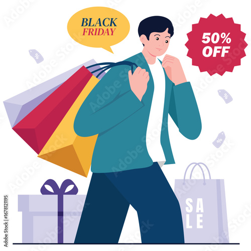 Black Friday Illustration. Vector illustration of Man carrying multiple shopping bags with fifty percent badge, gifts and sale bag behind, upbeat holiday discount moment. Isolated on background