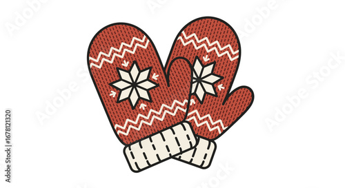 A charming pair of red knitted mittens adorned with a classic white snowflake and zig-zag pattern, perfect for staying warm during the festive winter season.