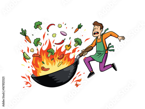 /output/uploadfile_A surprised man cooks, his wok ablaze with food and flying vegetables, a culinary disaster.eps