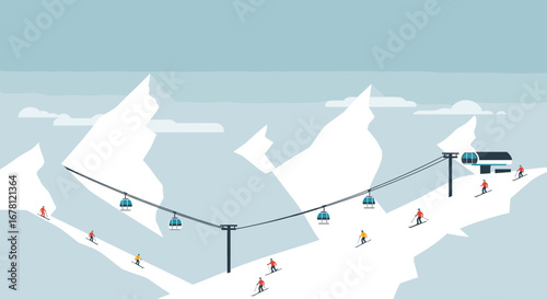 A vibrant flat image depicts a bustling winter ski resort, showcasing snow-capped peaks, a modern ski lift, and active skiers enjoying the white slopes.