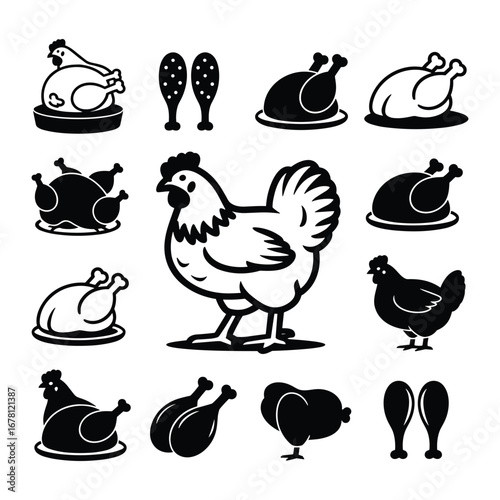 Black and white icons of roasted chickens and chicken legs on a white background rooster poultry