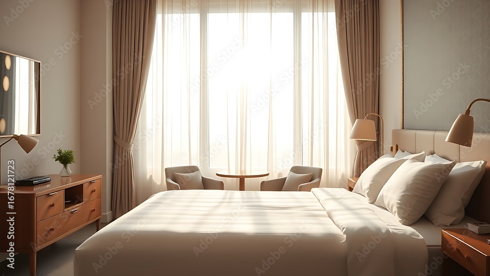 Fototapeta premium Serene hotel bedroom bathed in morning light, featuring minimalist decor and a neatly made bed.
