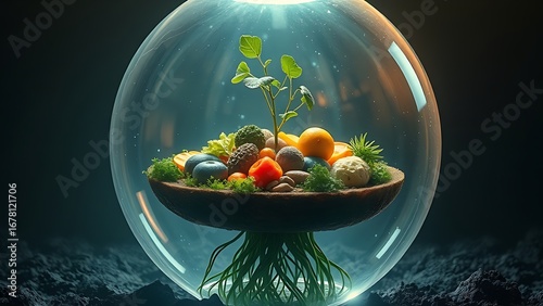 Surreal floating meal inside glowing eco-sphere, roots extending into soil, symbolizing sustainable nutrition.