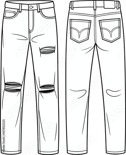 Front and back view of ripped blue jeans with distressed details and pockets denim pants