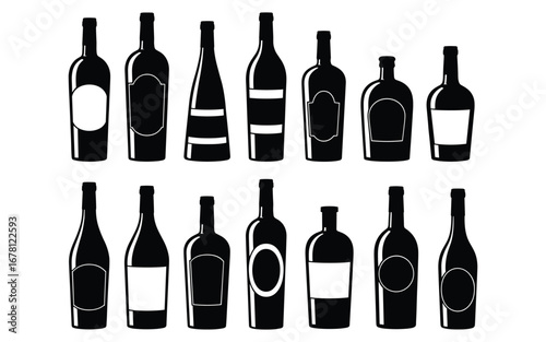Collection of Black Silhouettes of Various Wine Bottles on White Background glass alcohol